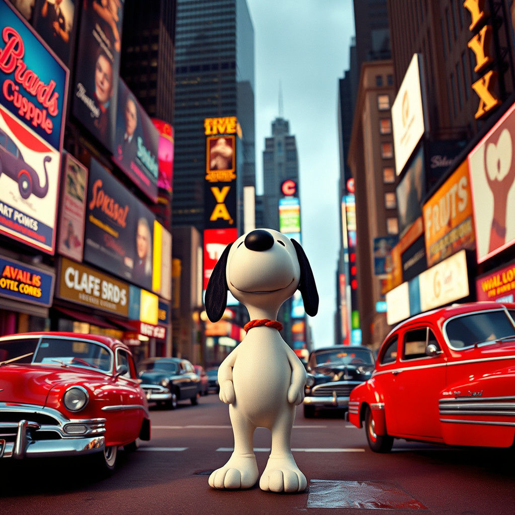 Snoopy in 1940s Times Square: A Cinematic Still