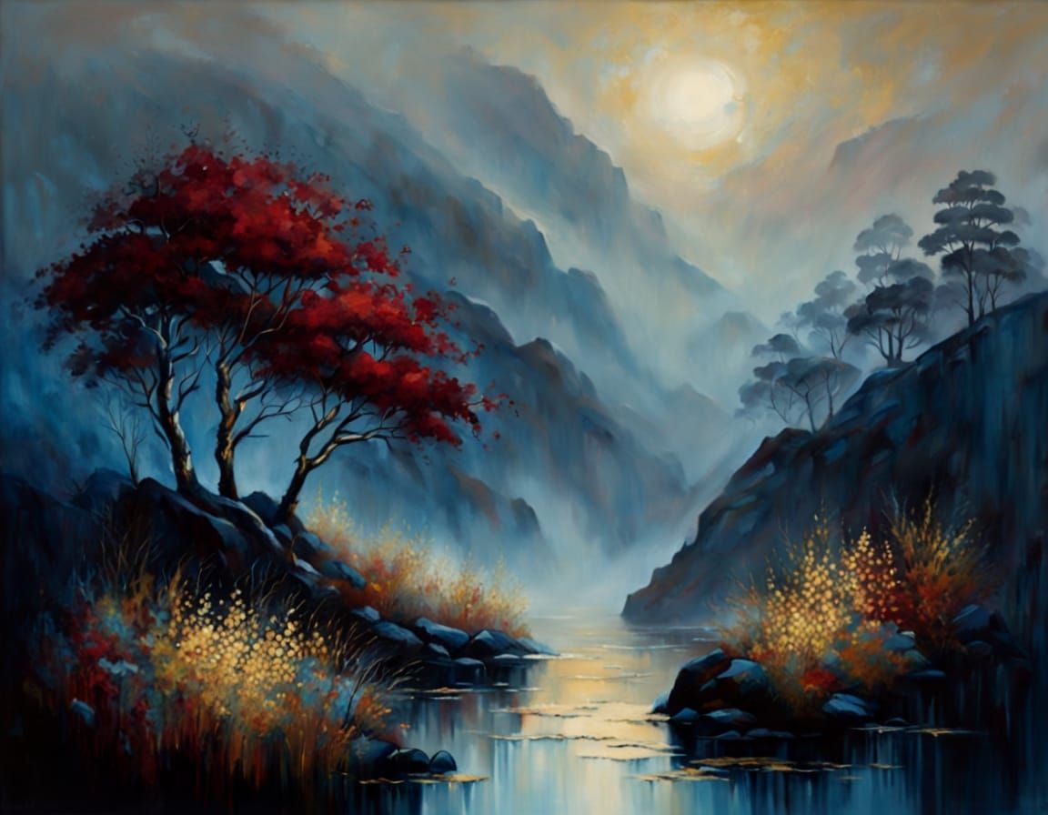 Crimson Misty Morning Sea Landscape in Abstract Expressionis...