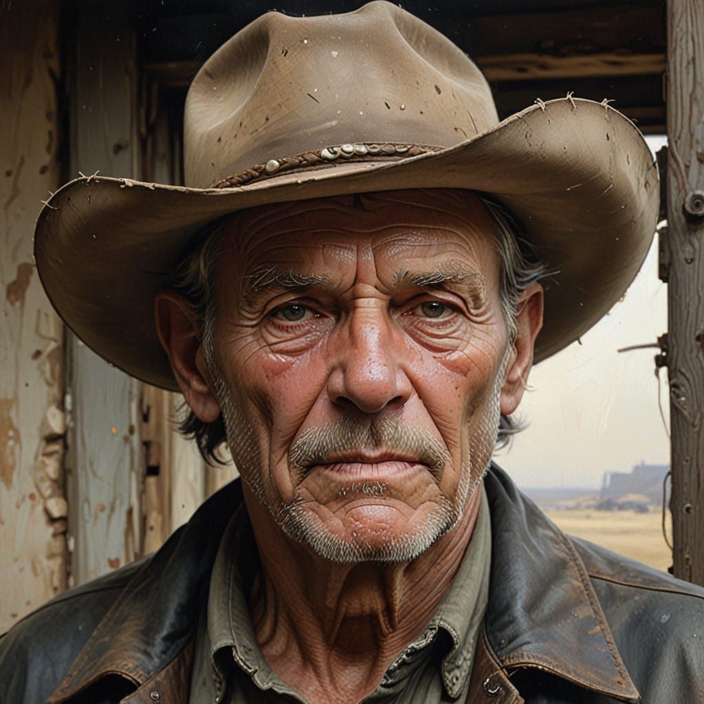 Weathered Cowboy Portrait in Realistic Oil Painting Style