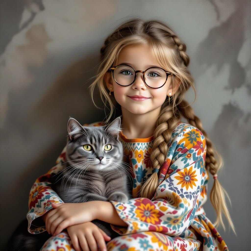 Girl Cuddles Cat Wearing Round Glasses in Patterned Dress