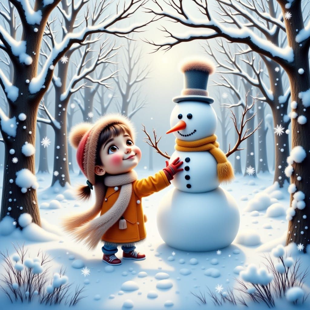 Children Build Snowman in Whimsical Park