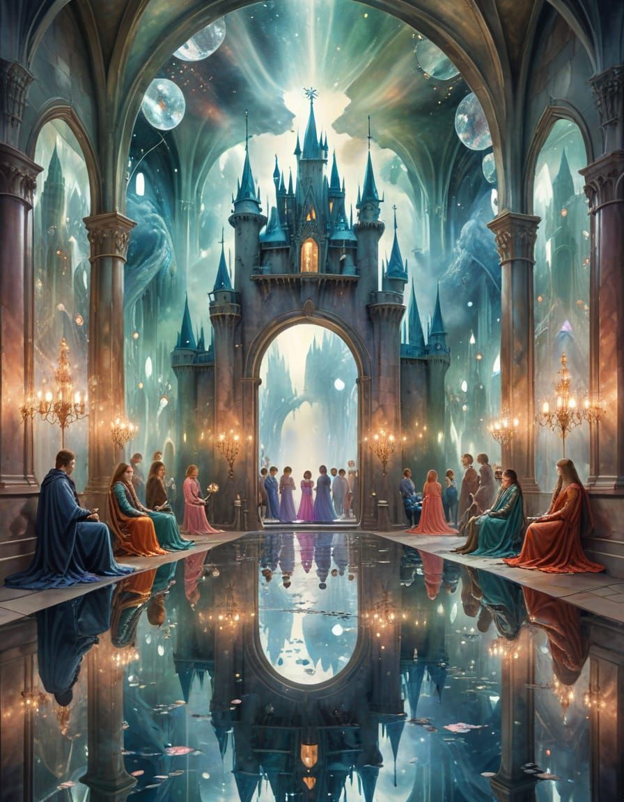 Surreal Watercolor Castle with Mirrored Reflections