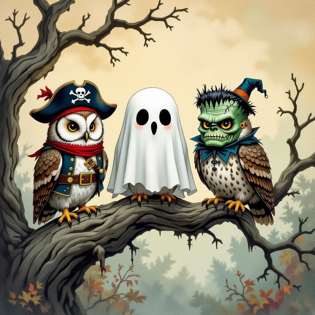 Owls in Halloween Costumes on Gnarled Branch