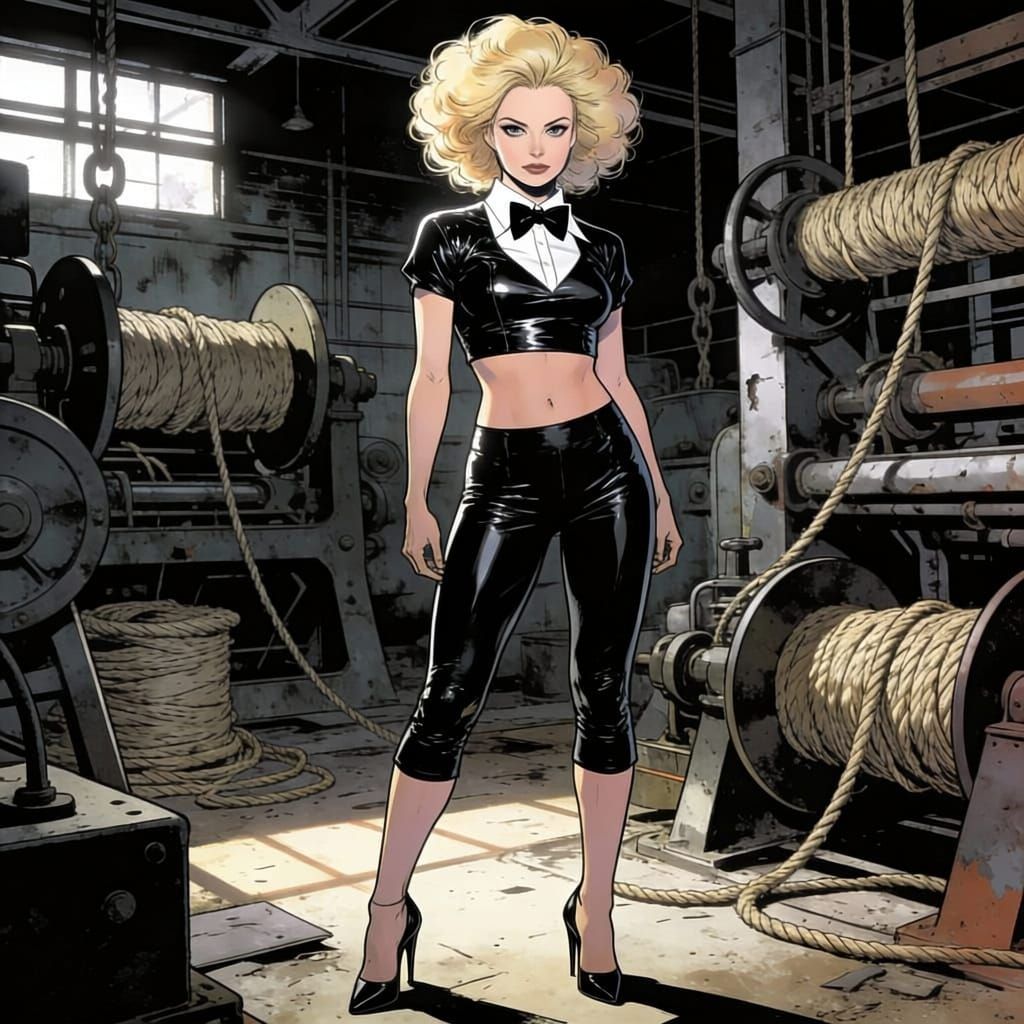 Athletic Blond Woman in Vinyl Outfit in Abandoned Factory
