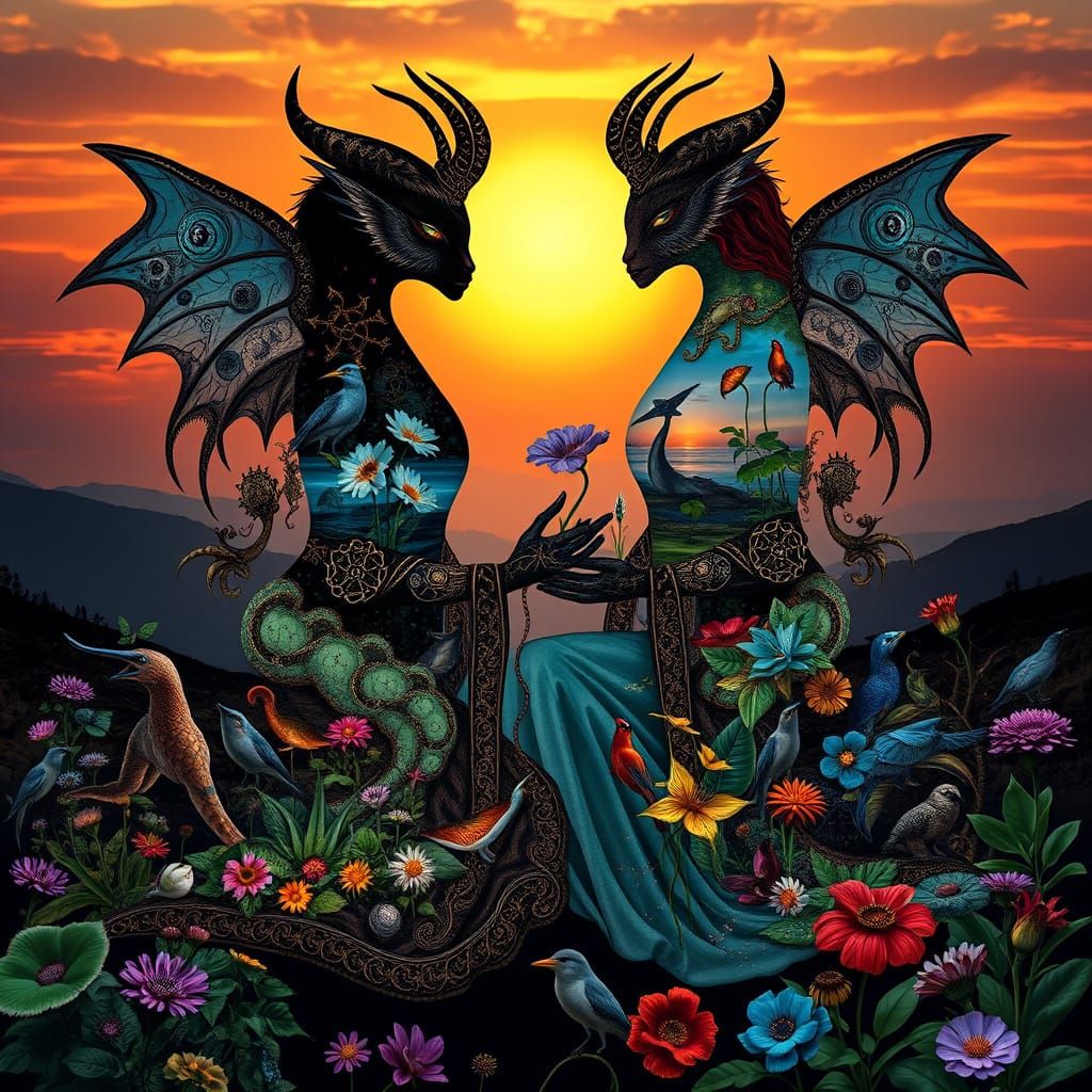 Dreamlike Collage of Mythical Beings in Sunset Hues