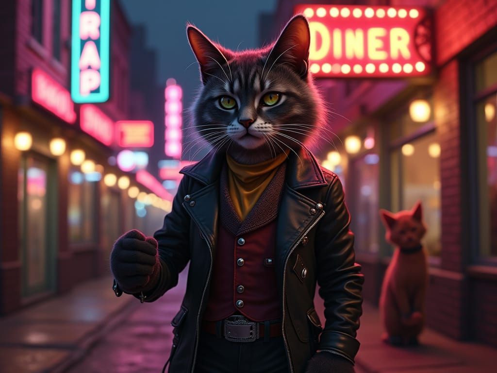 Rockabilly Cat Strutting Down Neon Street