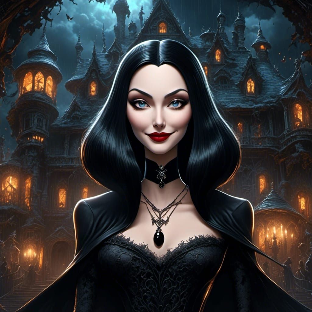 Anime Morticia Addams Portrait in Gothic Style