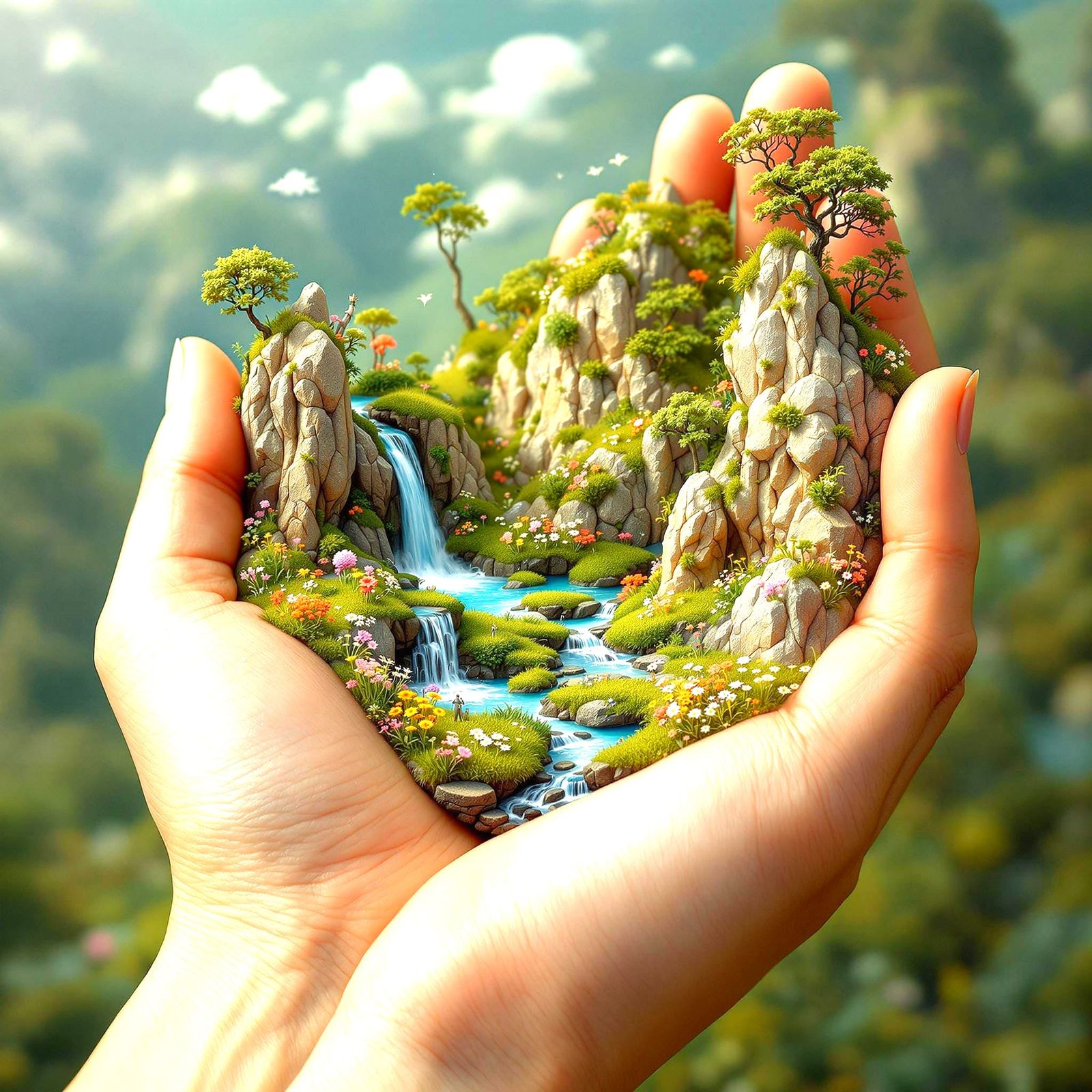 a surreal artwork featuring a hand holding a miniature landscape with a waterfall down and become a stream in a meadow b...