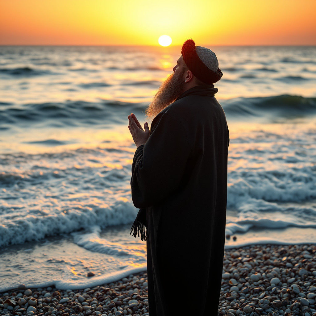 Hasidic Man Praying by Ocean: Mystical Digital Art