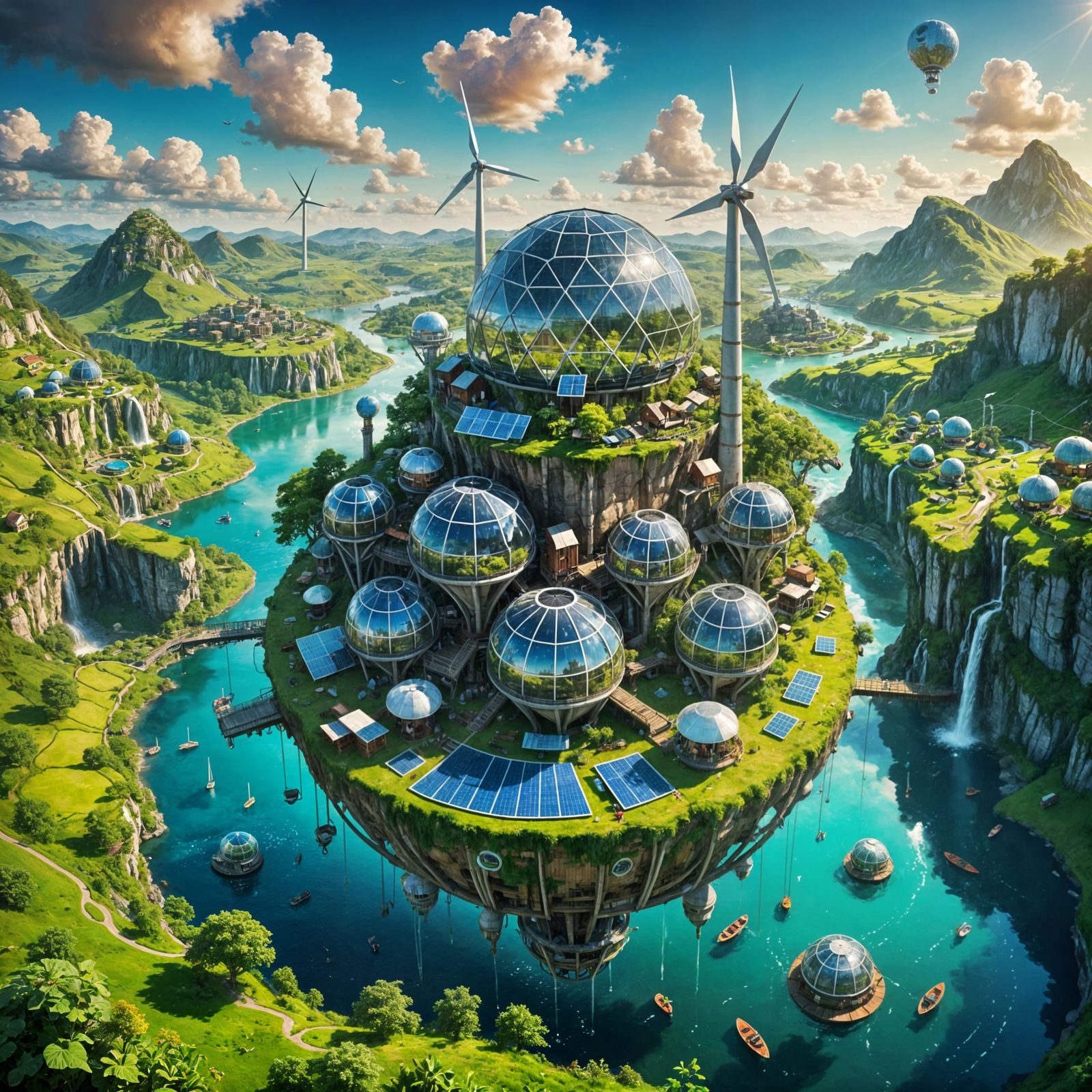 A solarpunk settlement floating above a lush, green valley, ...