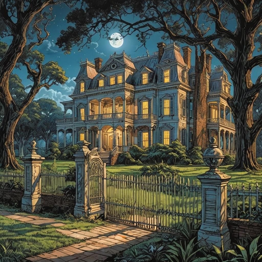 Louisiana Mansion at Night in Graphic Novel Style