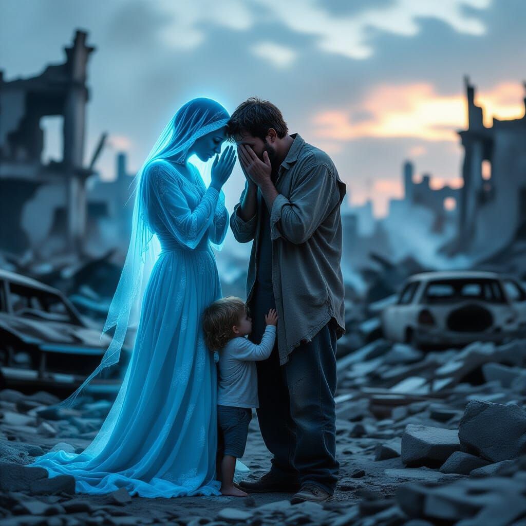 Sorrowful Father Embraced by Spirit in Ruins