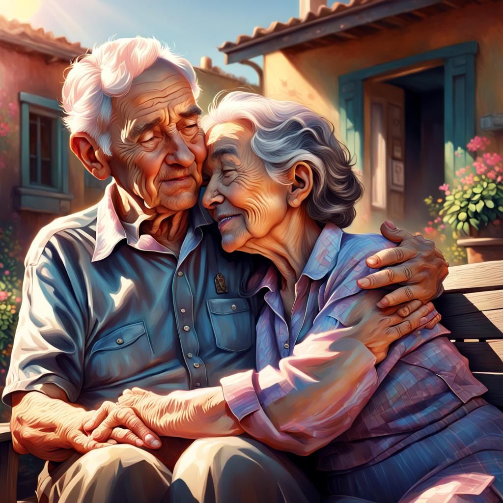 Loving Elderly Couple in Sunlight: Hyperrealistic Digital Ar...
