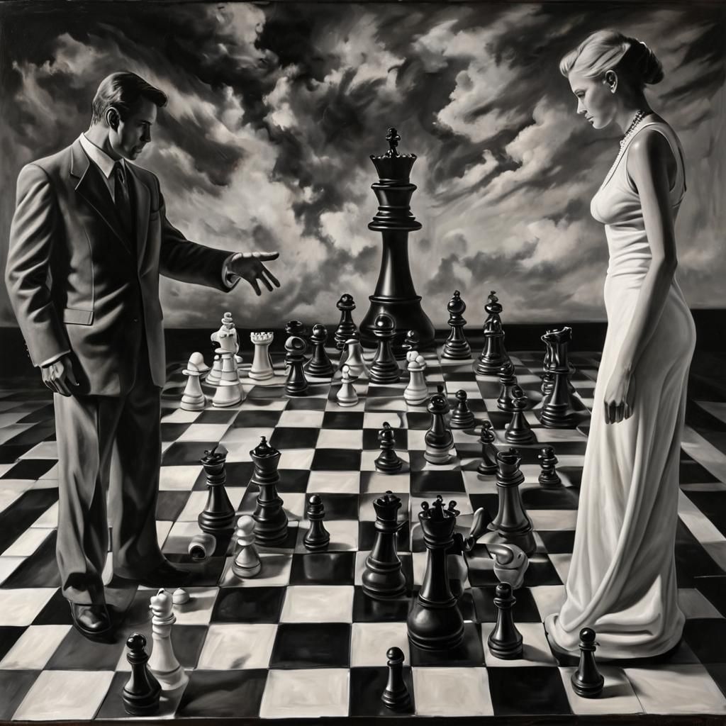 Human Chess Game in Dystopian Film Noir
