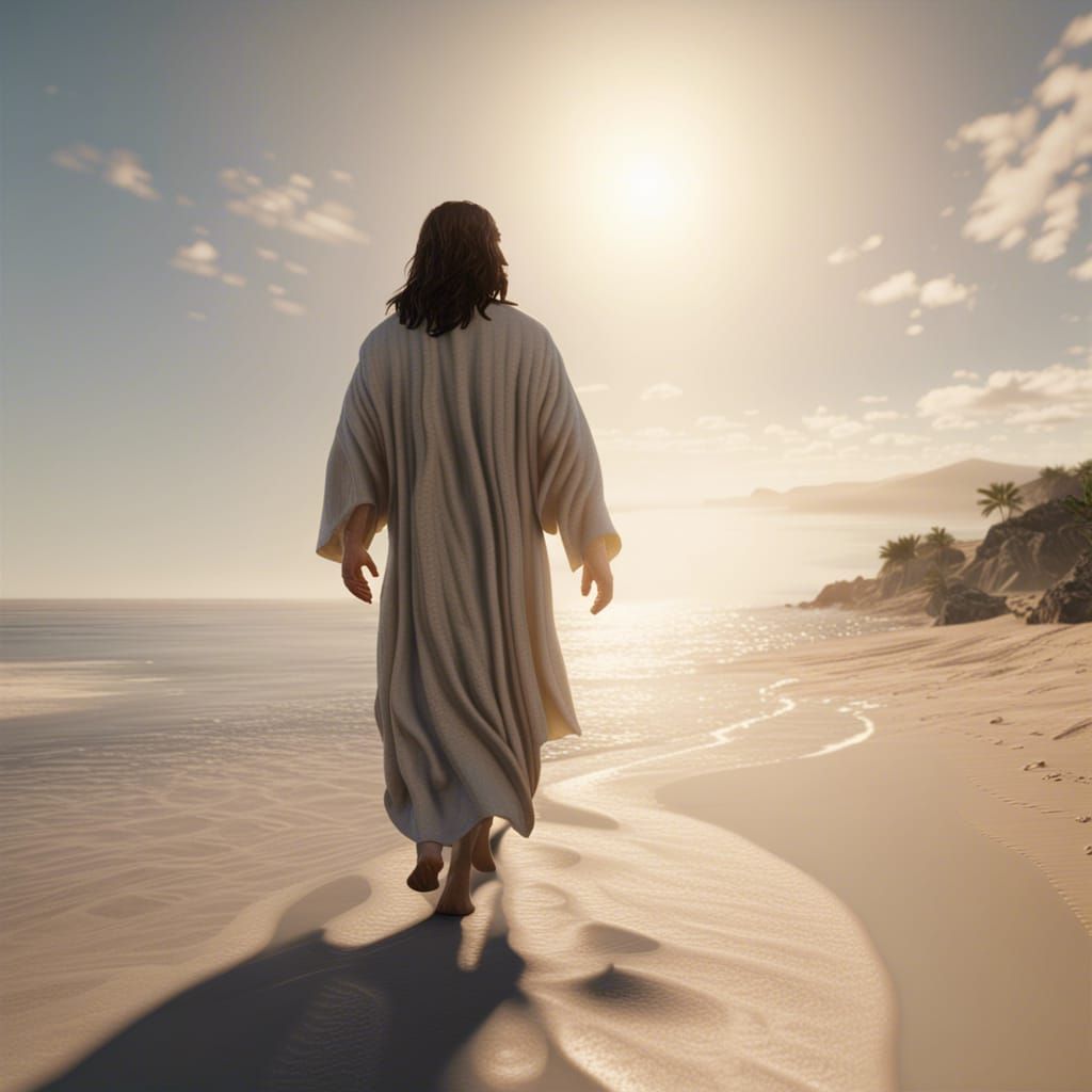 Jesus Walking on Beach in 8k Unreal Engine