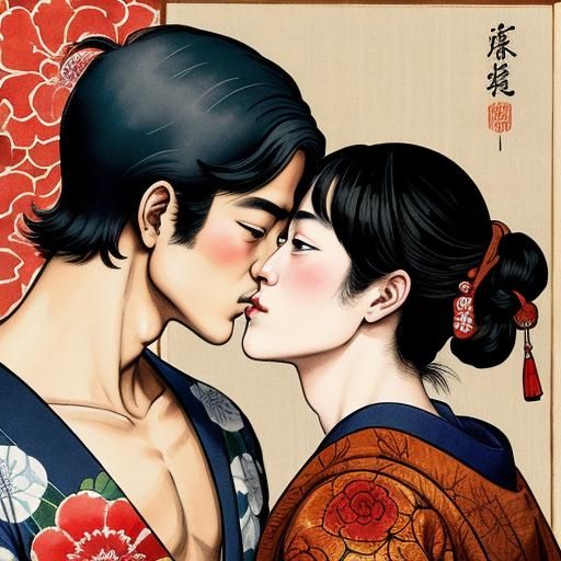 The Kiss: Japanese Woodblock Print in Gouache Style