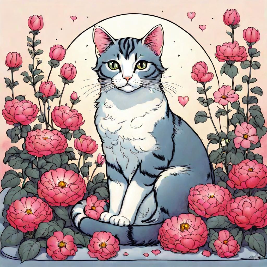 Cute Cat Surrounded by Flowers in Comic Art Style