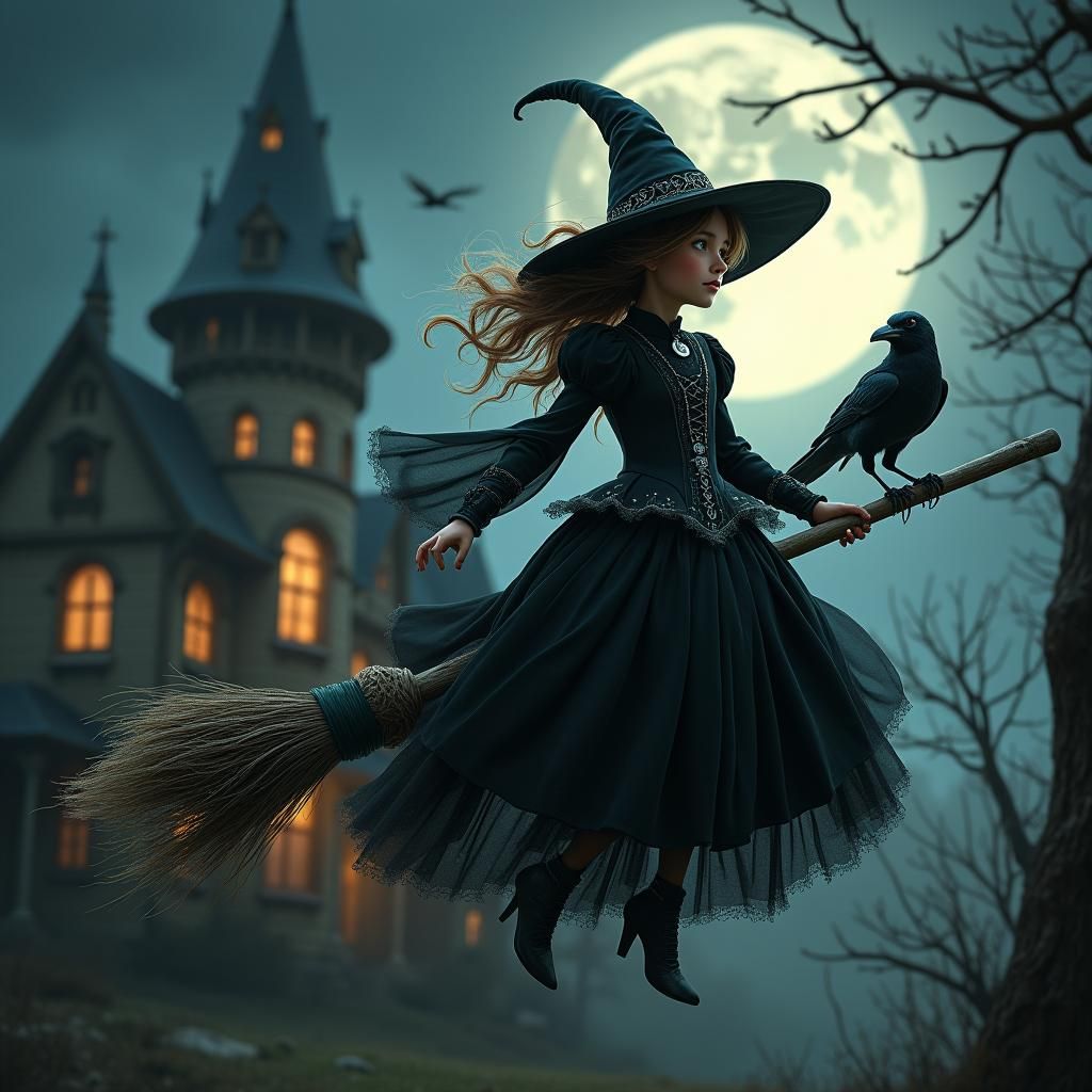 Young Witch on Broomstick in Dark Fantasy Art