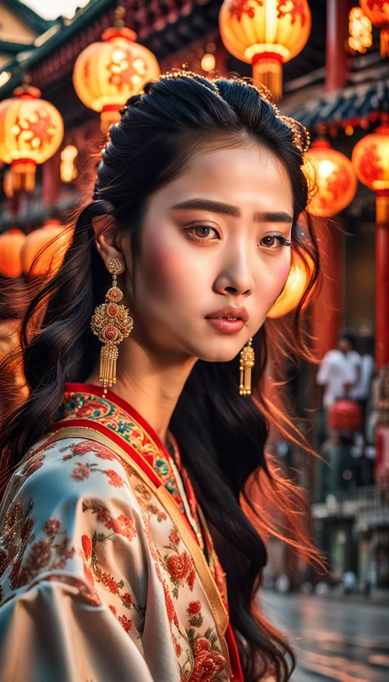 Stunning Chinese Model in Golden Hour Street Photo