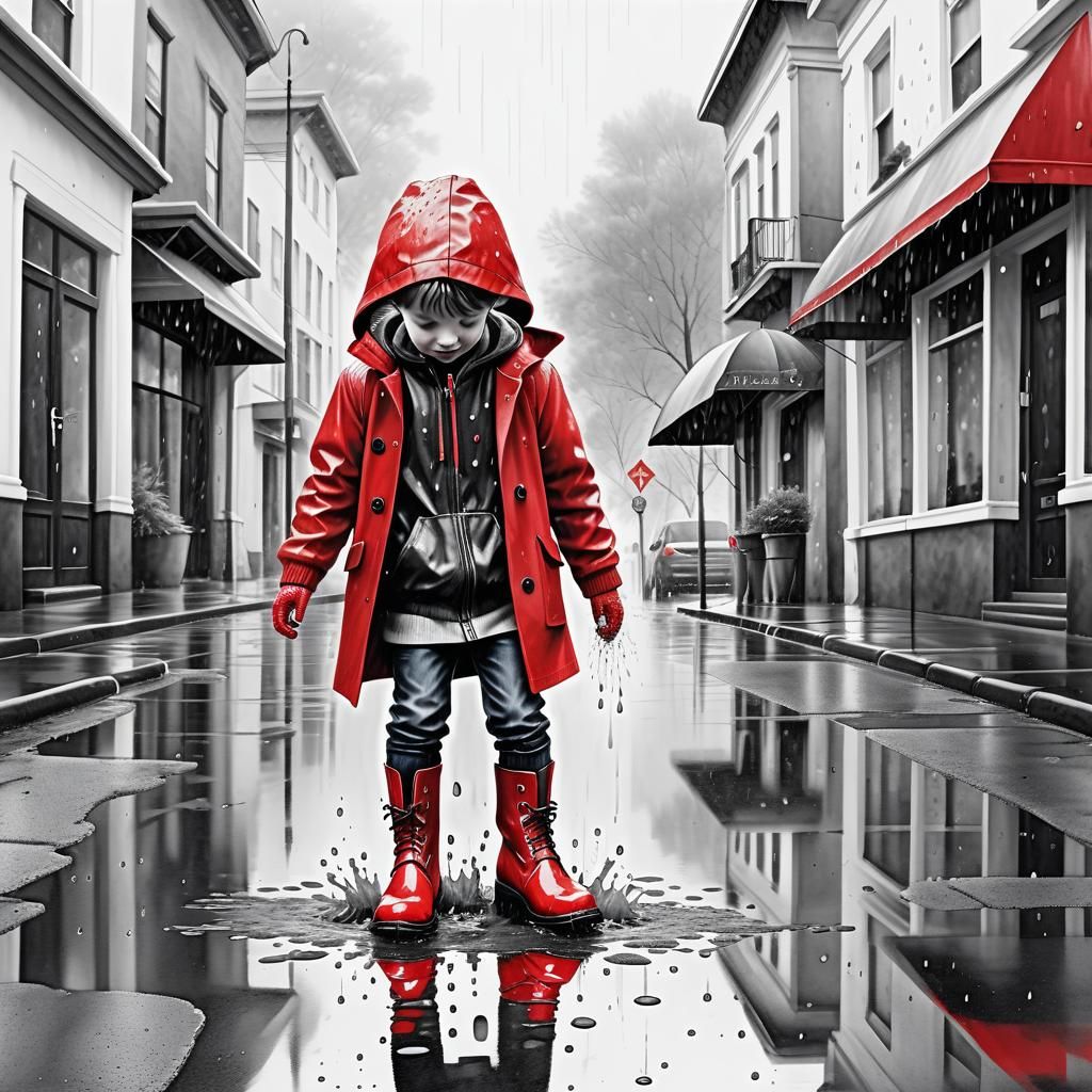 Child in Red Plays in Rainy Street: Watercolor