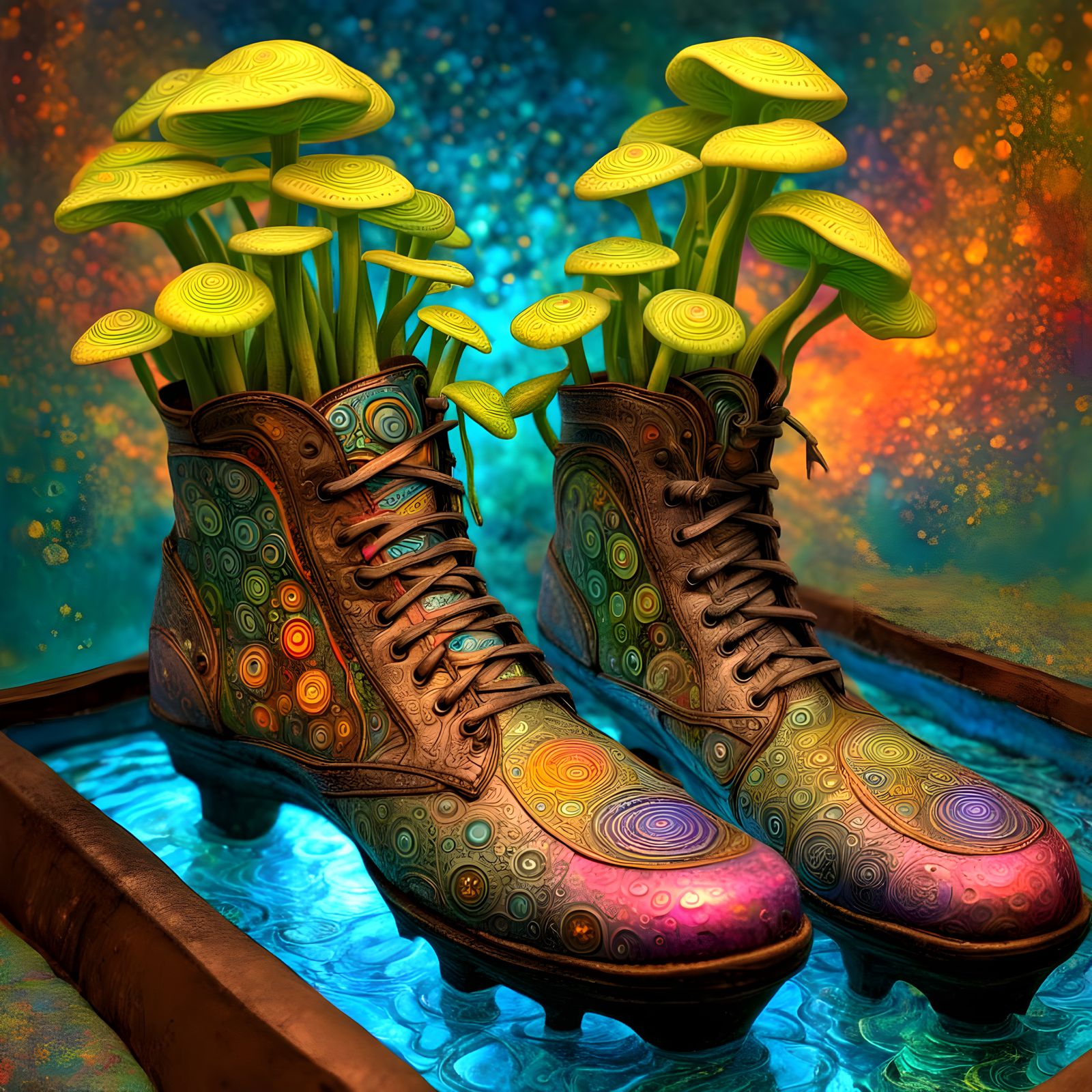 Surreal Bootscape: Hundertwasser-Inspired Botanical Art