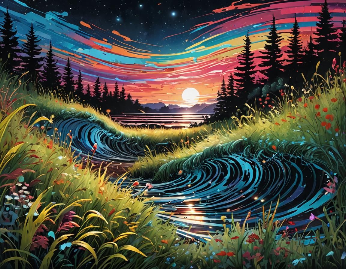 Starlit Field: Graffiti Art with Colorful Waves