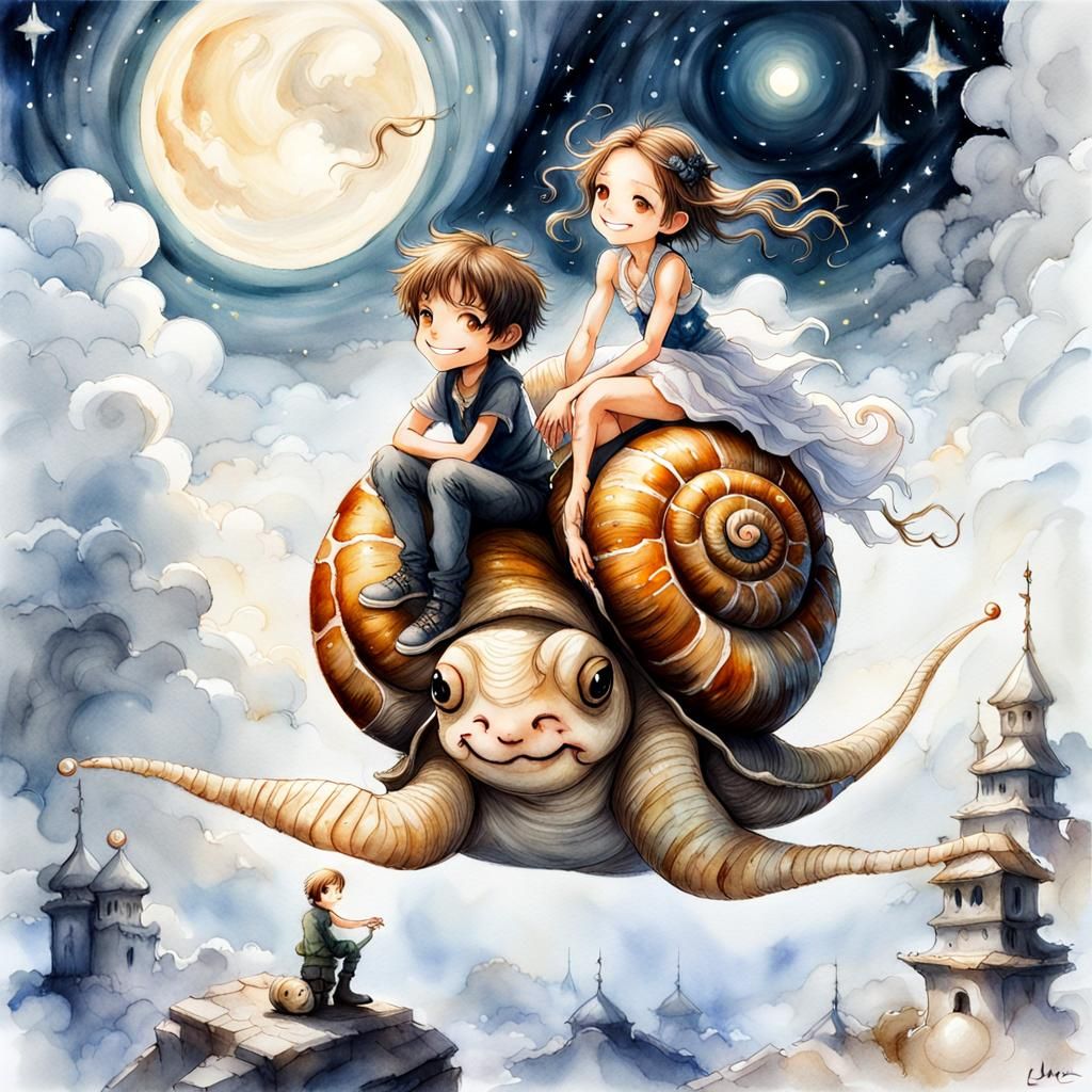 Children Ride Anime Snail on Cloud, Watercolor Style