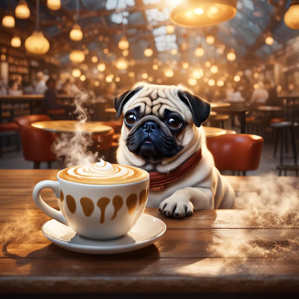 Pug-Latte Hybrid in Cozy Coffee Shop: Fantastical Art