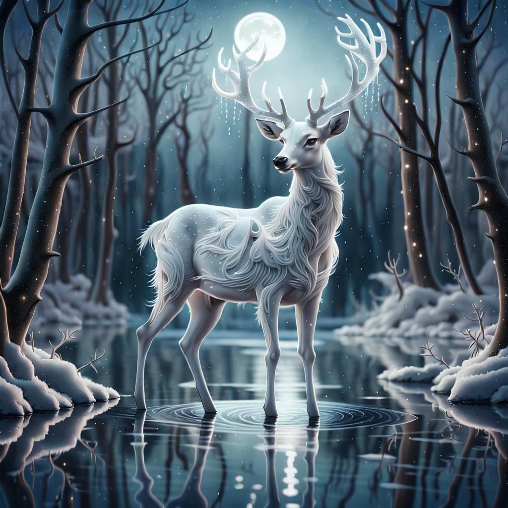 Luminescent Deer in Moonlit Forest, Digital Illustration