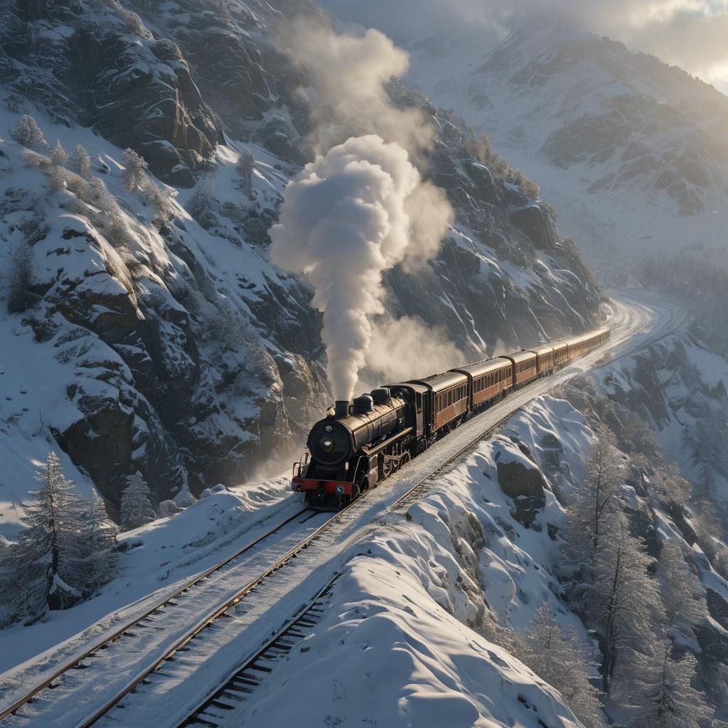 Steam Train Journey Through Snowy Peaks in Golden Light
