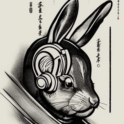 14th Century Rabbit with Headphones, Linocut Style