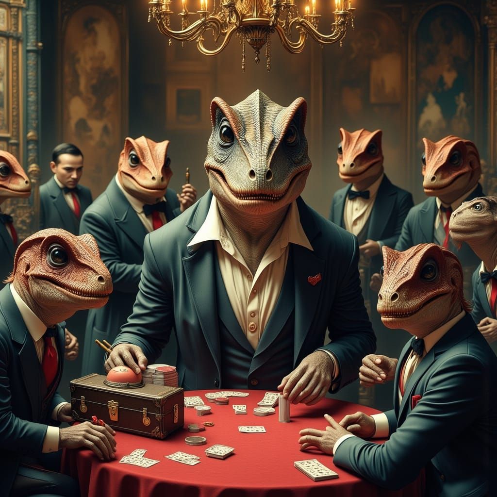 Greedy T-Rex Playing Poker in Anime Style