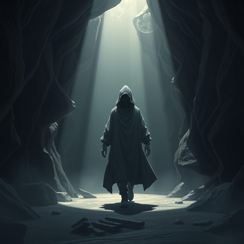 Cloaked Figure Enters Shadowy Cave: 3D Anime Art