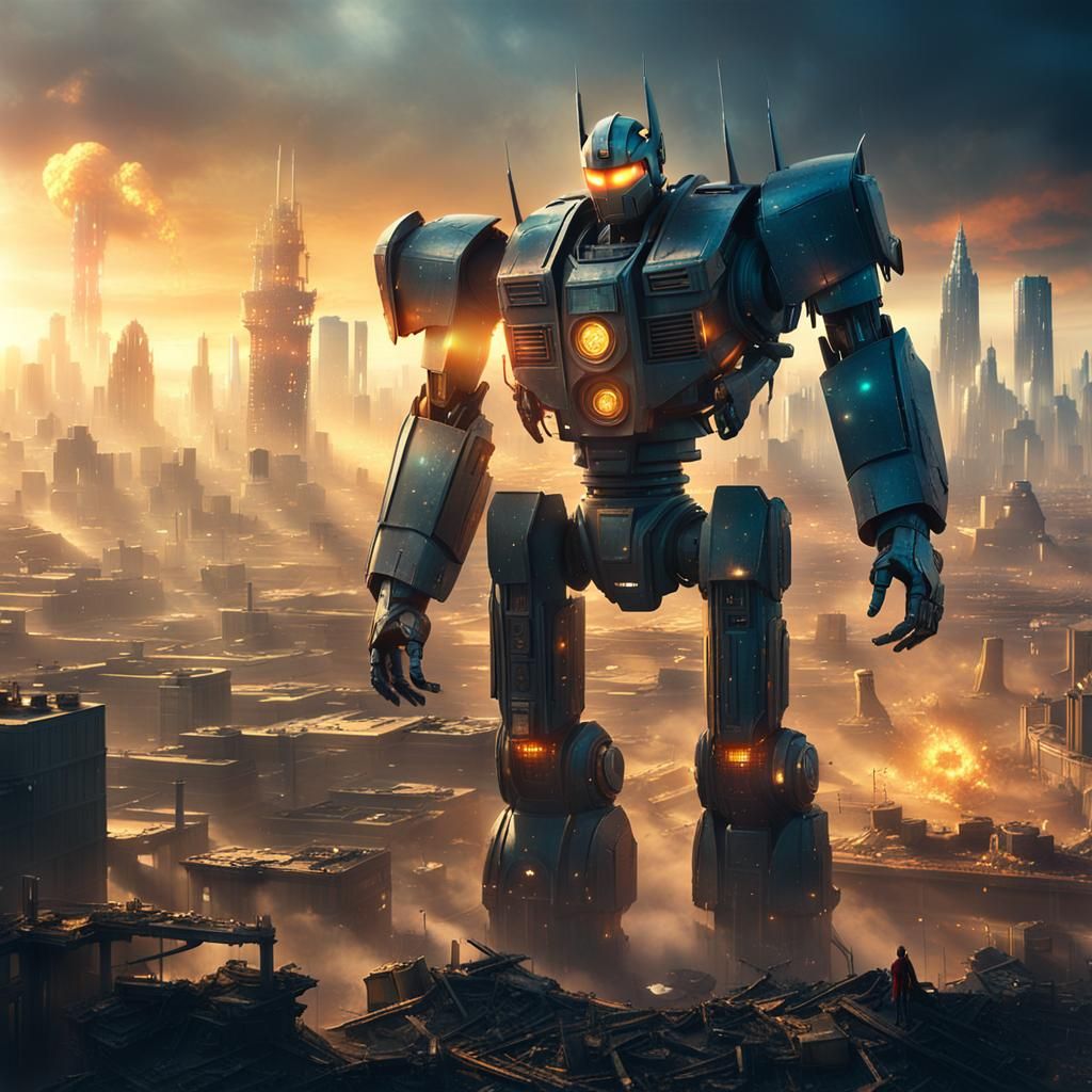 Giant Robot Amidst Ravaged Cityscape in Cinematic Style