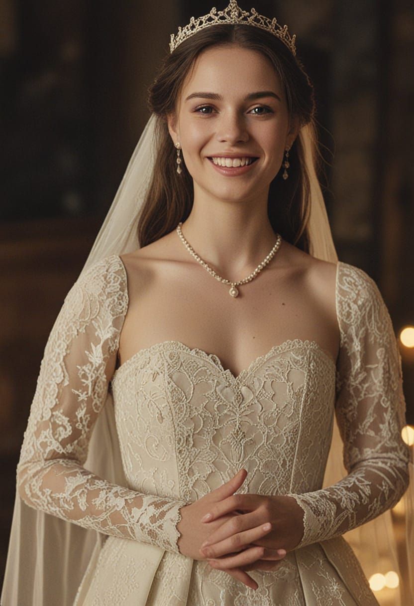 Medieval Princess in Elegant White Wedding Gown