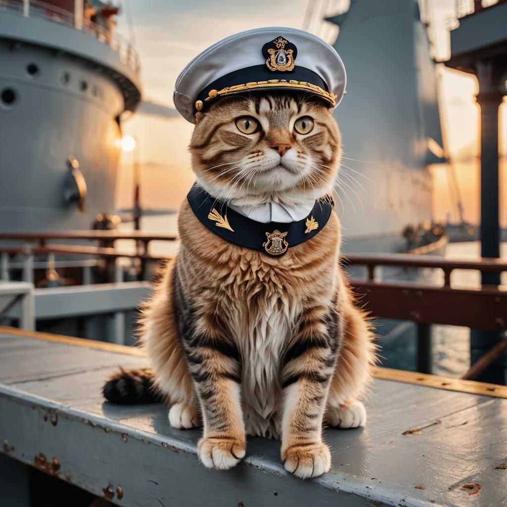 Titanic Cat Captain Portrait in Golden Hour Light