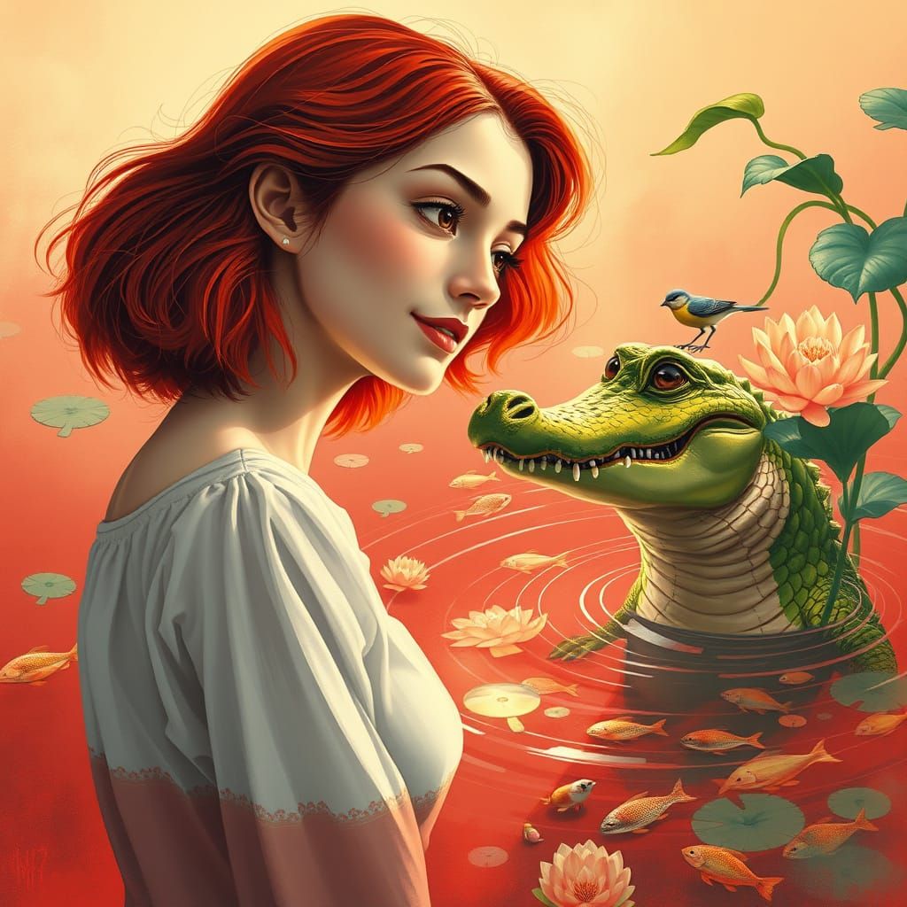 Surreal Red-Haired Woman Witnesses Magical Crocodile Scene i...