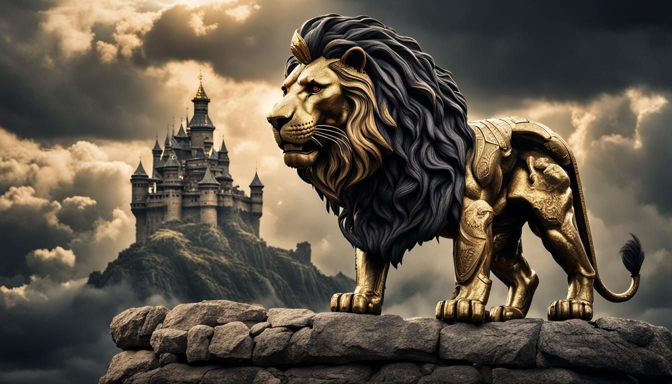 Armored Lion King with Sword and Castle
