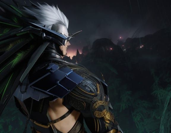 Winged Cyborg Samurai vs Colossal Demon in Manga Style