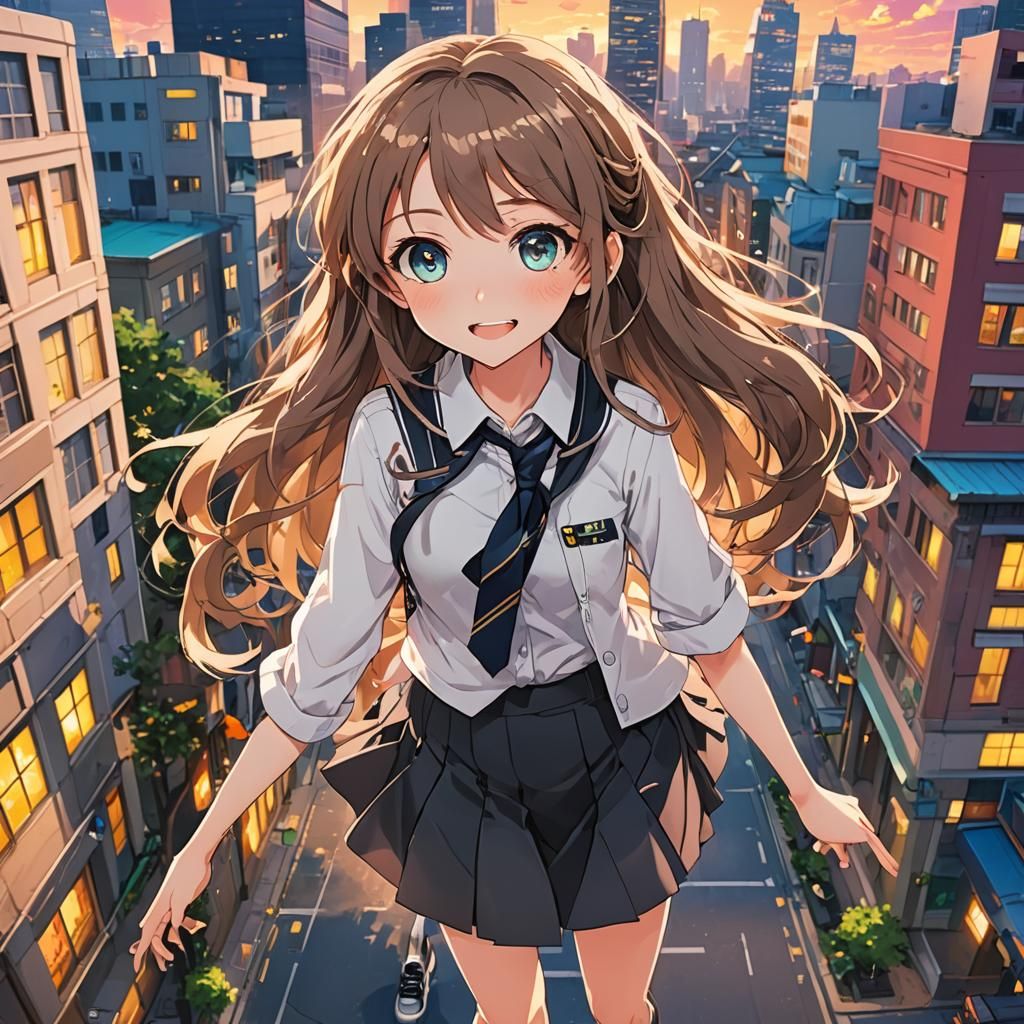 Anime Girl in Bustling 2.5D Cityscape