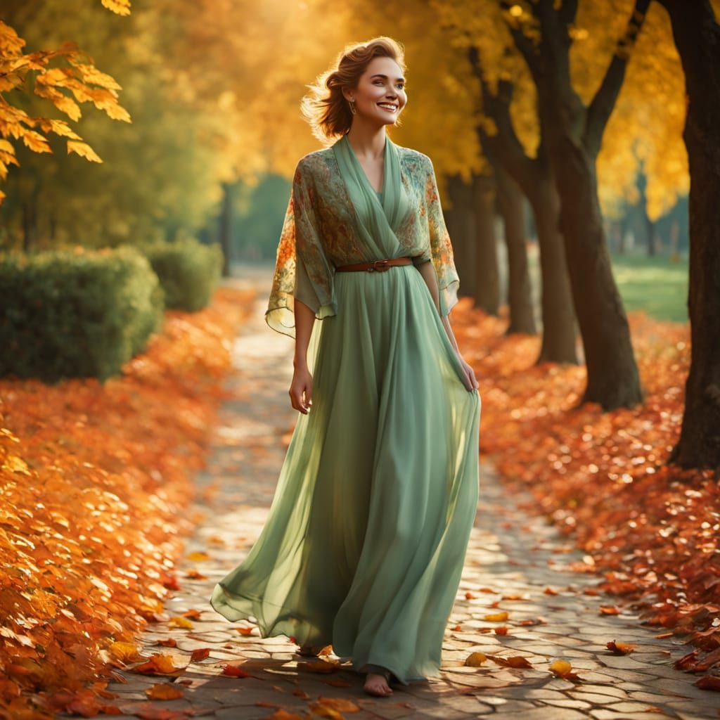 Elegant Woman in Flowing Green Dress Amidst Autumn Foliage