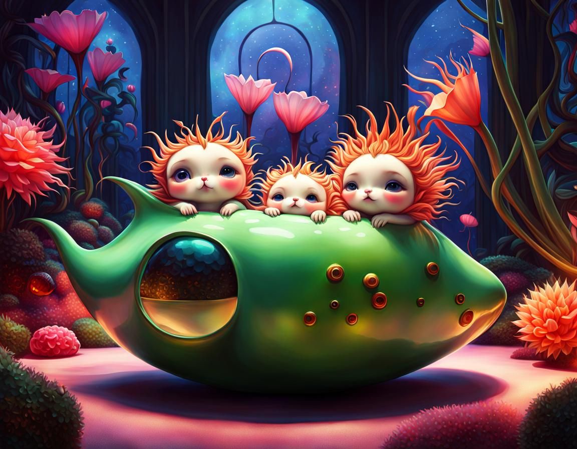 Chibi Alien Family Cuddling in Alien Living Room