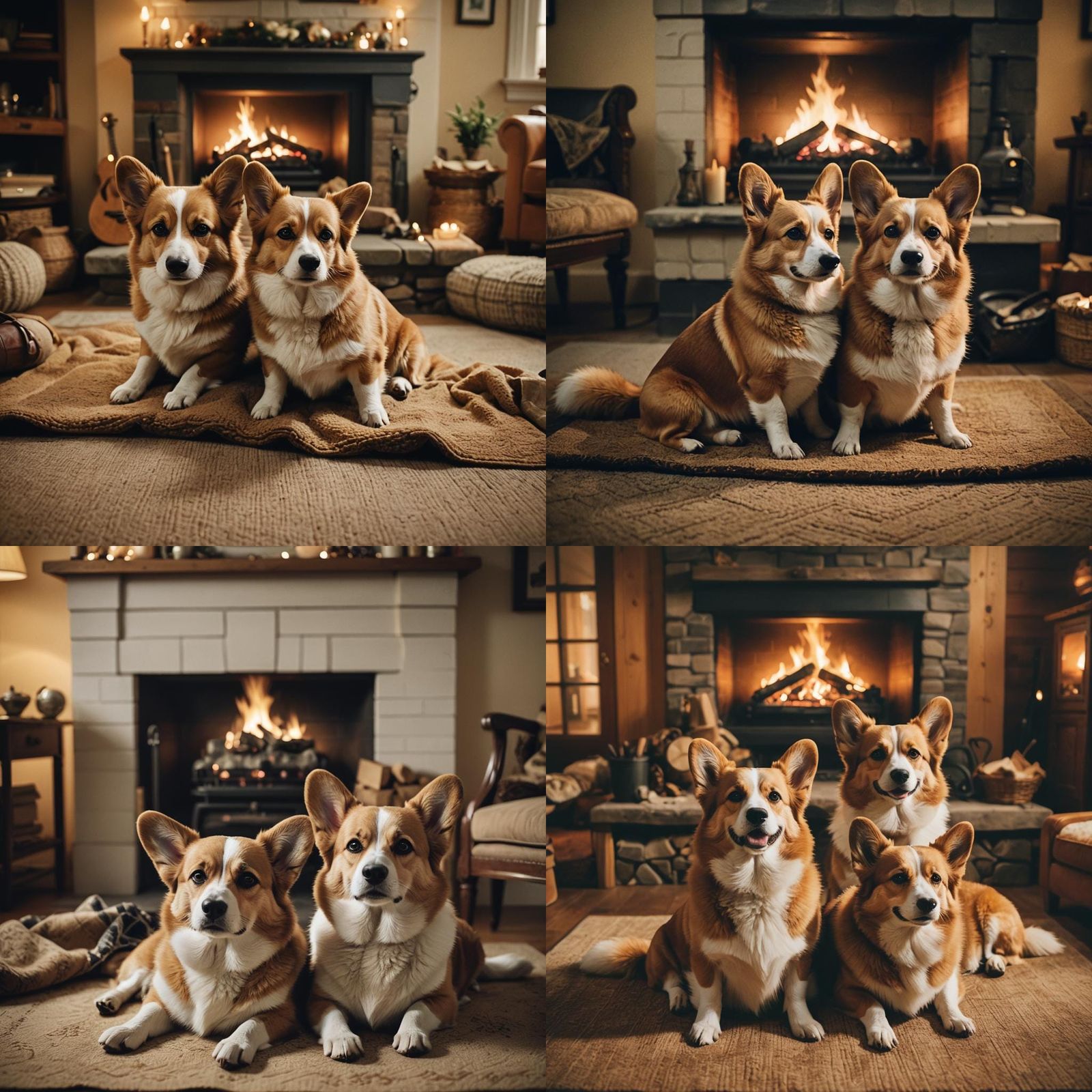 Corgi Dogs Cuddled by Fireplace: Cinematic Film Still