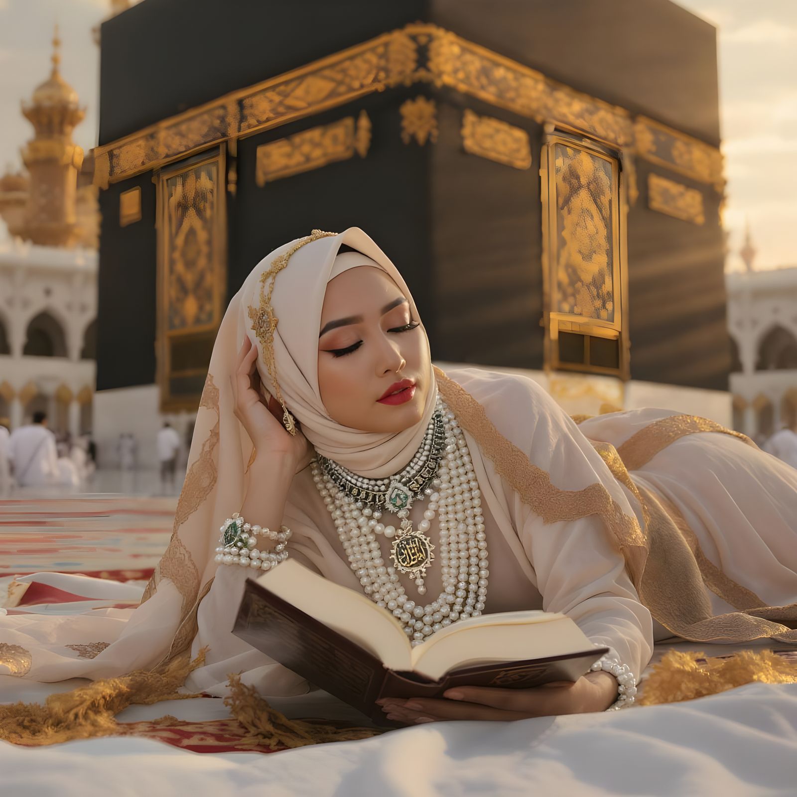 Woman Reading Quran in Mecca with Pearl Jewelry