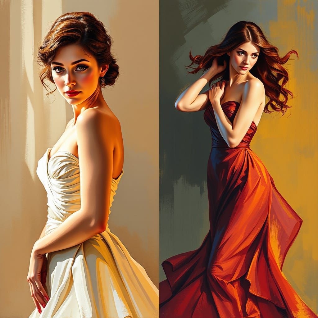 Two Women Portraits in Impressionist and Romantic Styles