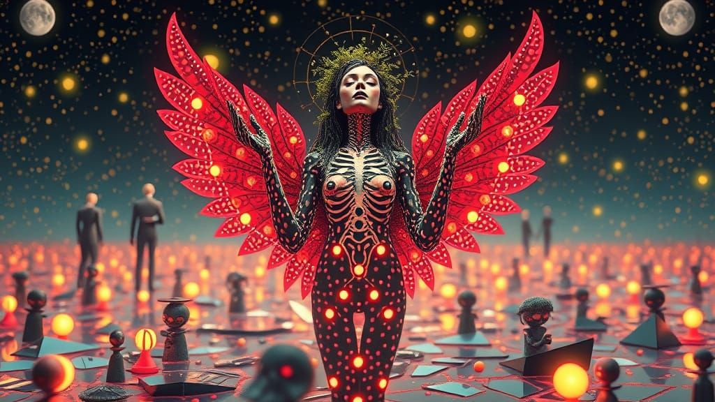 Ethereal Angel of Death in Whimsical Dots Landscape