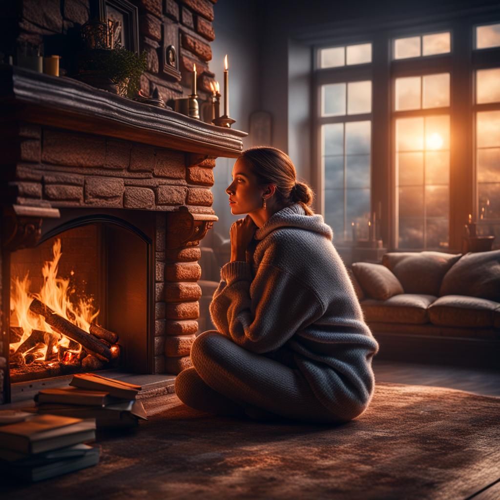 Mystical Woman by Fireplace in Hyperrealistic Style