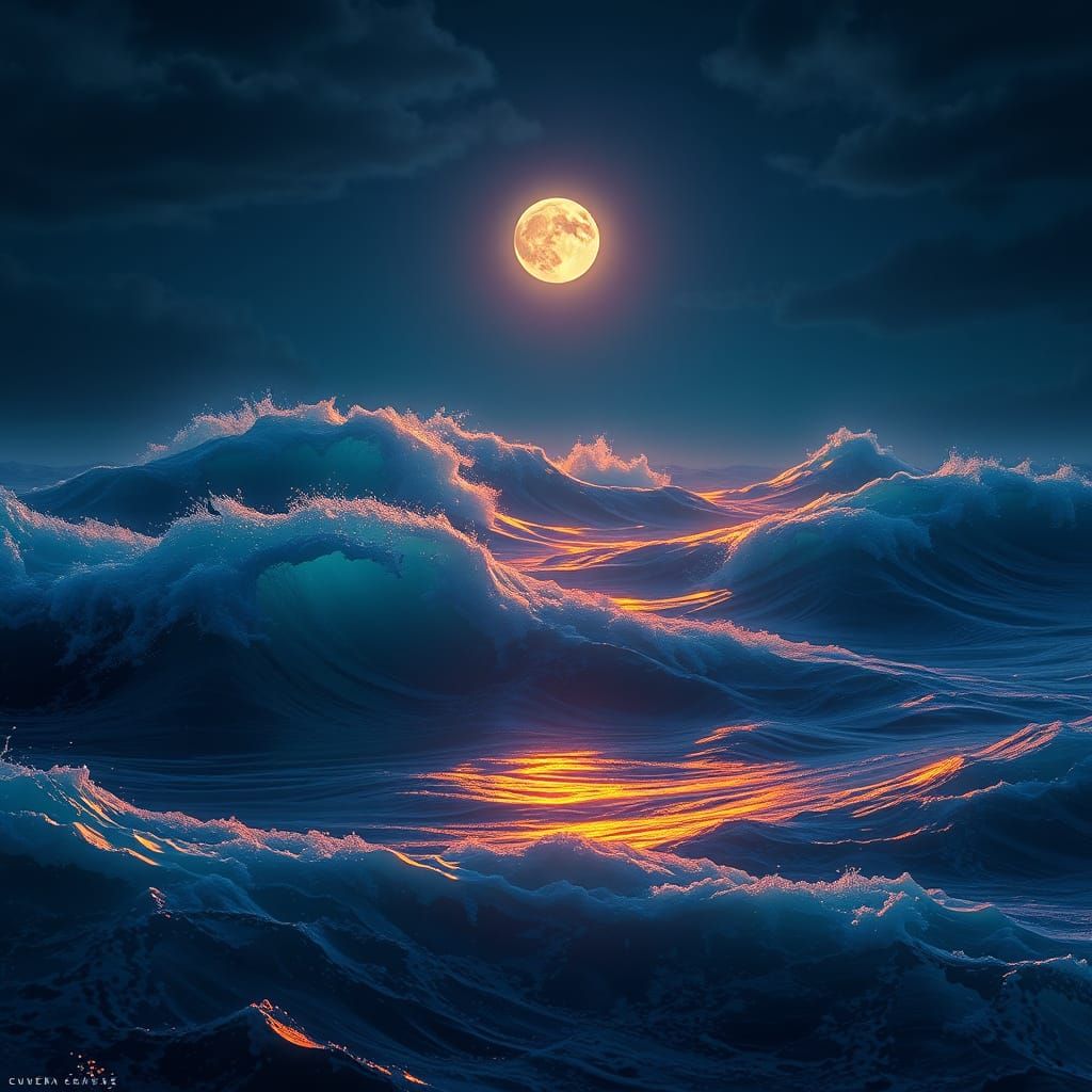 Ethereal Night Ocean Scene with Full Moon