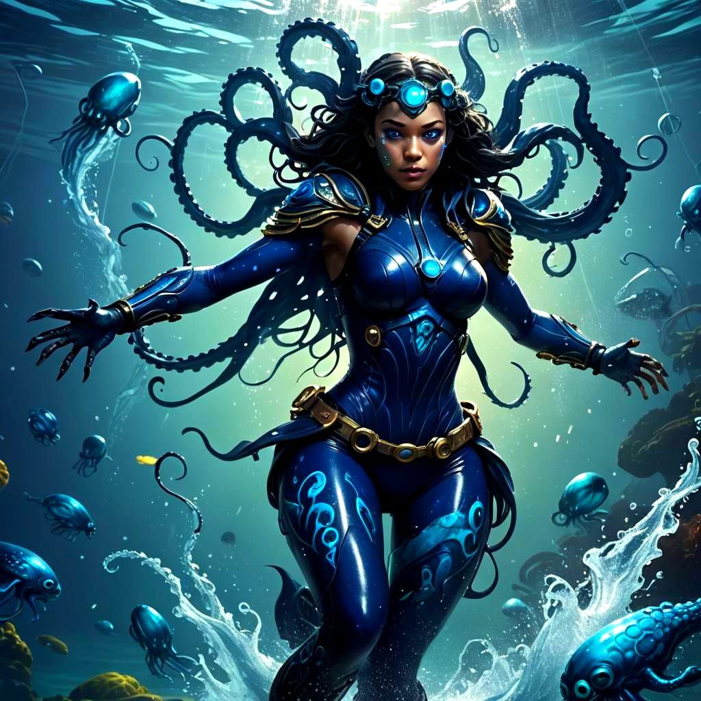 Kraken Superheroine in Neon Blue Costume
