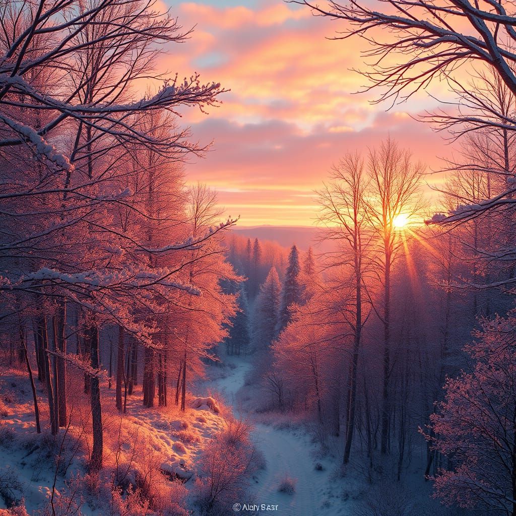 Vibrant Winter Forest Sunrise with Fireworks